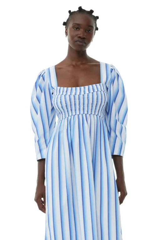 GANNI Kjoler<Blue Striped Cotton Smock Long-kjole SilverLakeBlue