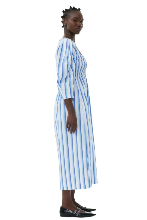 GANNI Kjoler<Blue Striped Cotton Smock Long-kjole SilverLakeBlue