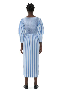 GANNI Kjoler<Blue Striped Cotton Smock Long-kjole SilverLakeBlue