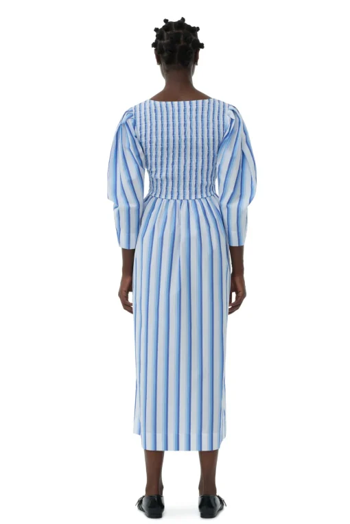 GANNI Kjoler<Blue Striped Cotton Smock Long-kjole SilverLakeBlue