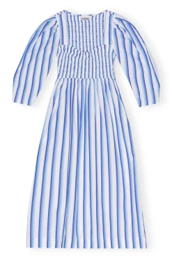 GANNI Kjoler<Blue Striped Cotton Smock Long-kjole SilverLakeBlue