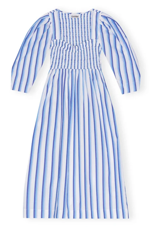 GANNI Kjoler<Blue Striped Cotton Smock Long-kjole SilverLakeBlue