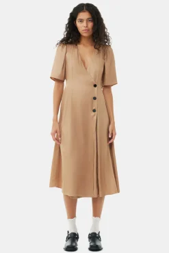 GANNI Kjoler<Brown Viscose Twill Wrap Midi-kjole Tiger'sEye