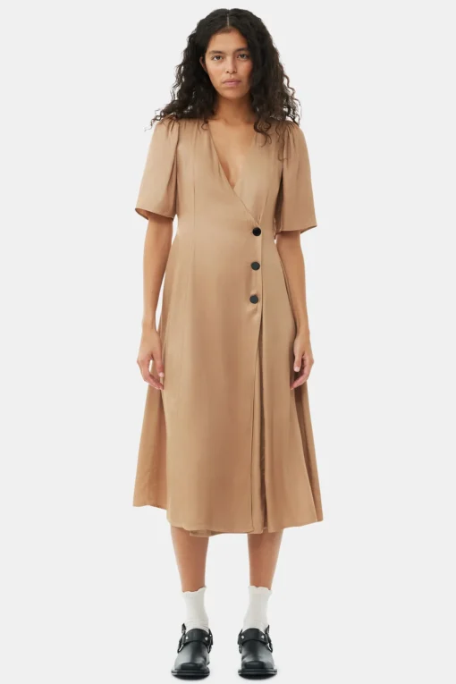 GANNI Kjoler<Brown Viscose Twill Wrap Midi-kjole Tiger'sEye
