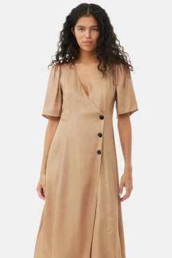 GANNI Kjoler<Brown Viscose Twill Wrap Midi-kjole Tiger'sEye