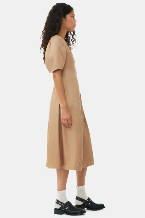 GANNI Kjoler<Brown Viscose Twill Wrap Midi-kjole Tiger'sEye