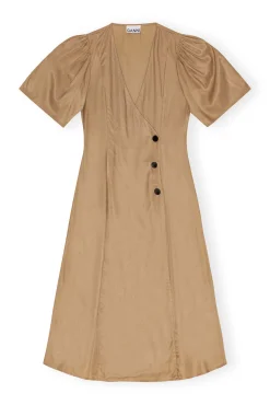 GANNI Kjoler<Brown Viscose Twill Wrap Midi-kjole Tiger'sEye