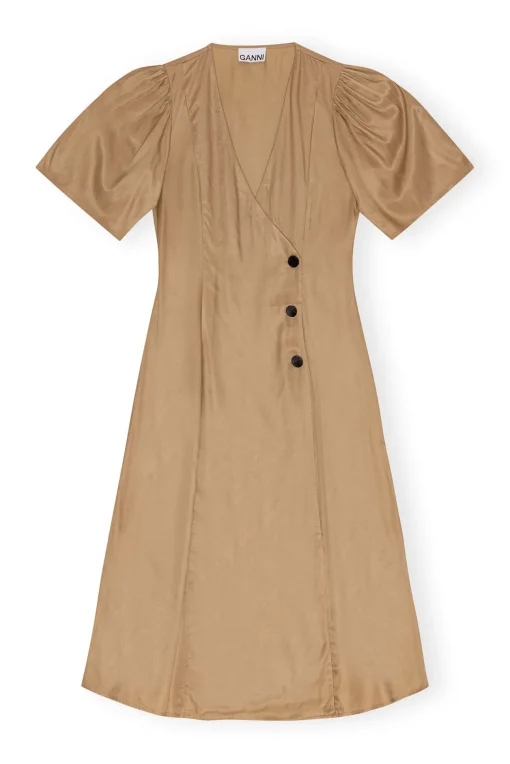 GANNI Kjoler<Brown Viscose Twill Wrap Midi-kjole Tiger'sEye