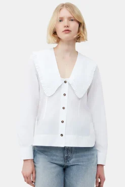 GANNI Ganni Icons | Topper<Cotton Poplin V-neck Frill Collar Shirt BrightWhite