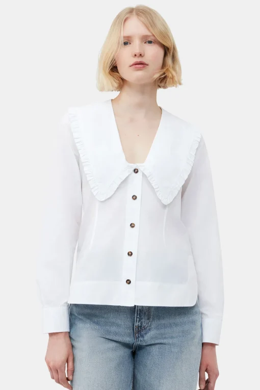 GANNI Ganni Icons | Topper<Cotton Poplin V-neck Frill Collar Shirt BrightWhite