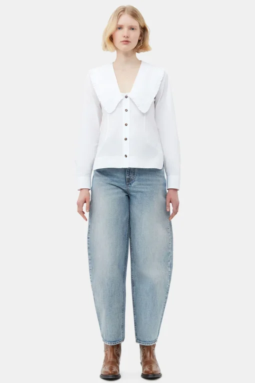 GANNI Ganni Icons | Topper<Cotton Poplin V-neck Frill Collar Shirt BrightWhite