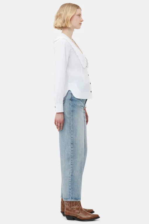 GANNI Ganni Icons | Topper<Cotton Poplin V-neck Frill Collar Shirt BrightWhite