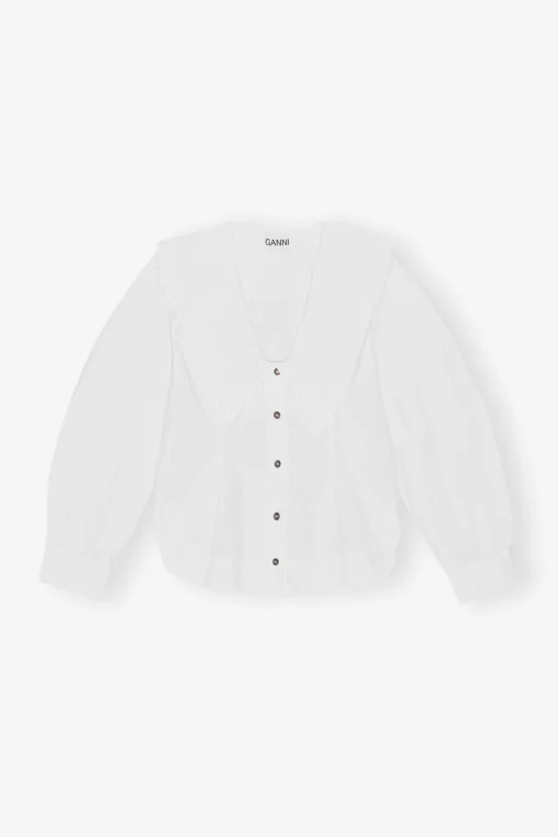 GANNI Ganni Icons | Topper<Cotton Poplin V-neck Frill Collar Shirt BrightWhite