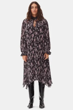 GANNI Kjoler<Floral Printed Pleated Georgette Midi-kjole Phantom