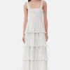 GANNI Kjoler<Floral Printed Pleated Georgette Strap Smock Midi-kjole Tofu