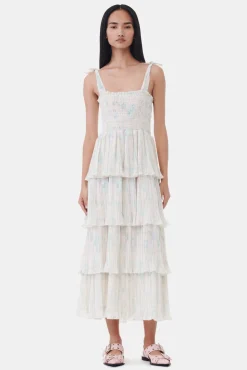 GANNI Kjoler<Floral Printed Pleated Georgette Strap Smock Midi-kjole Tofu