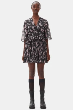 GANNI Kjoler<Floral Printed Pleated Georgette Mini-kjole Phantom