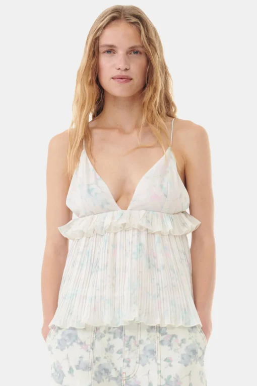 GANNI Topper<Floral Printed Pleated Georgette Strap-topp Tofu