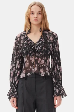GANNI Topper<Floral Printed Pleated Georgette-bluse Phantom