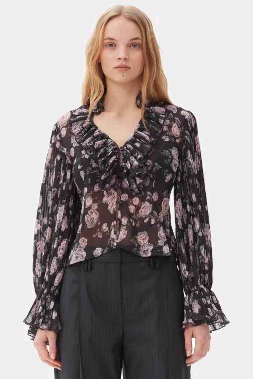 GANNI Topper<Floral Printed Pleated Georgette-bluse Phantom