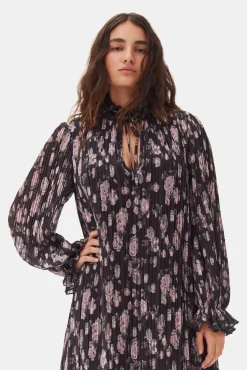 GANNI Kjoler<Floral Printed Pleated Georgette Midi-kjole Phantom