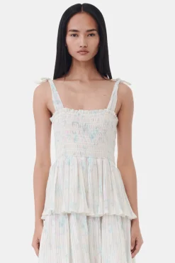 GANNI Kjoler<Floral Printed Pleated Georgette Strap Smock Midi-kjole Tofu