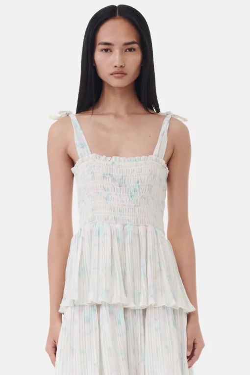 GANNI Kjoler<Floral Printed Pleated Georgette Strap Smock Midi-kjole Tofu