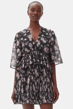 GANNI Kjoler<Floral Printed Pleated Georgette Mini-kjole Phantom