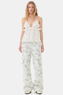 GANNI Topper<Floral Printed Pleated Georgette Strap-topp Tofu