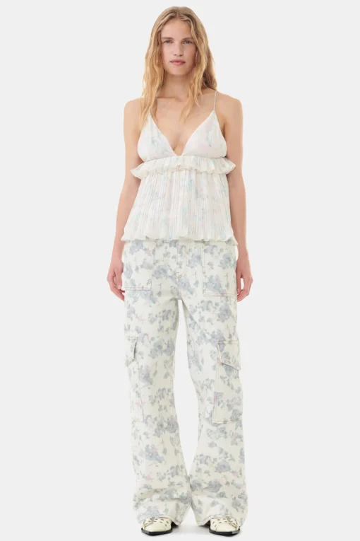 GANNI Topper<Floral Printed Pleated Georgette Strap-topp Tofu