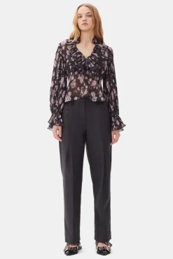 GANNI Topper<Floral Printed Pleated Georgette-bluse Phantom
