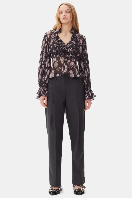 GANNI Topper<Floral Printed Pleated Georgette-bluse Phantom