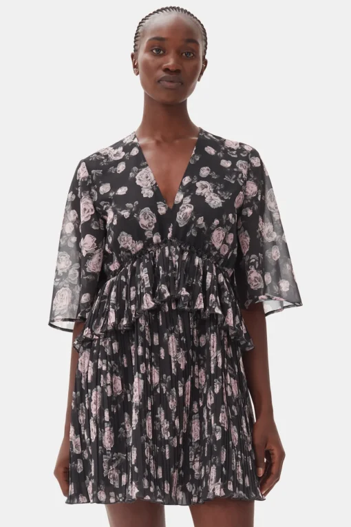 GANNI Kjoler<Floral Printed Pleated Georgette Mini-kjole Phantom