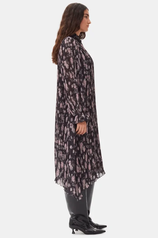 GANNI Kjoler<Floral Printed Pleated Georgette Midi-kjole Phantom