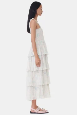 GANNI Kjoler<Floral Printed Pleated Georgette Strap Smock Midi-kjole Tofu