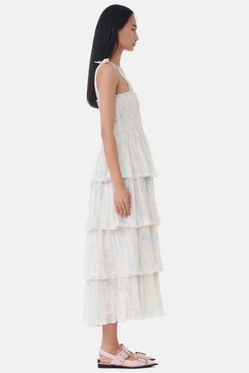 GANNI Kjoler<Floral Printed Pleated Georgette Strap Smock Midi-kjole Tofu