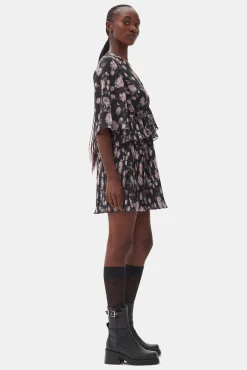 GANNI Kjoler<Floral Printed Pleated Georgette Mini-kjole Phantom