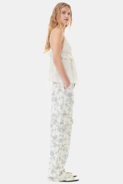 GANNI Topper<Floral Printed Pleated Georgette Strap-topp Tofu