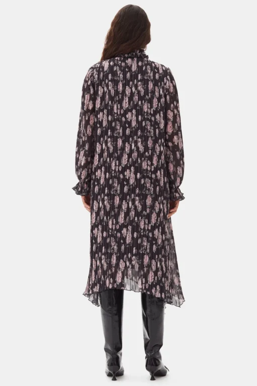 GANNI Kjoler<Floral Printed Pleated Georgette Midi-kjole Phantom