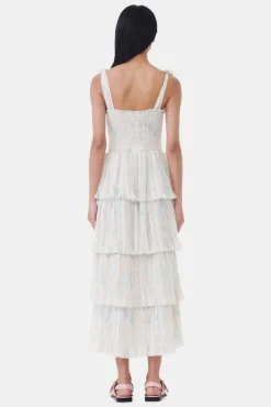 GANNI Kjoler<Floral Printed Pleated Georgette Strap Smock Midi-kjole Tofu