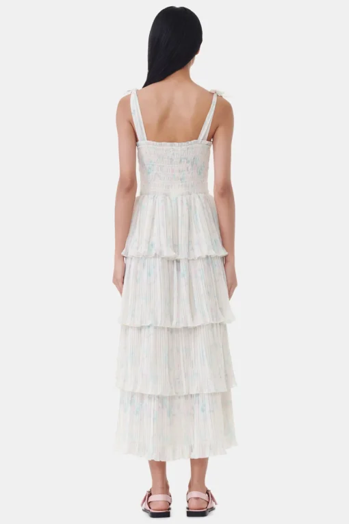 GANNI Kjoler<Floral Printed Pleated Georgette Strap Smock Midi-kjole Tofu