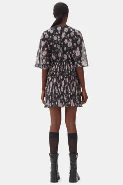 GANNI Kjoler<Floral Printed Pleated Georgette Mini-kjole Phantom