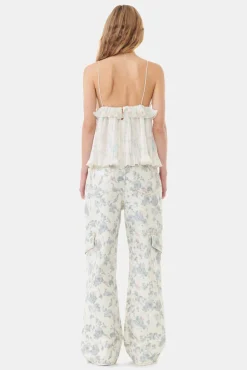 GANNI Topper<Floral Printed Pleated Georgette Strap-topp Tofu