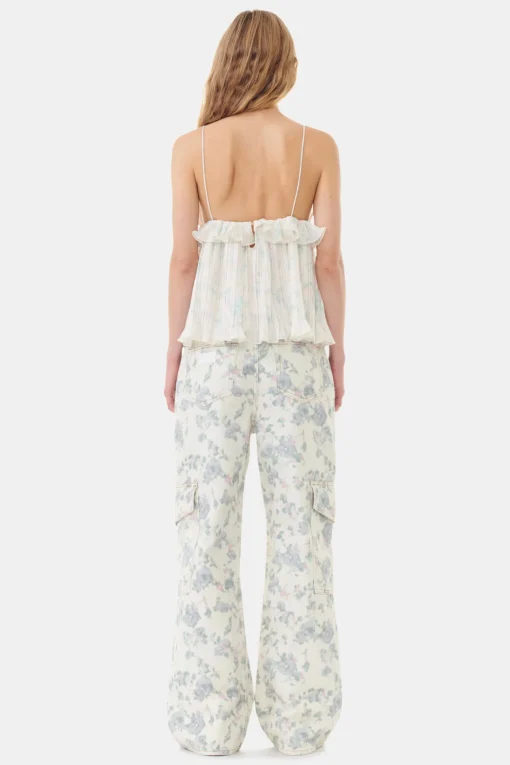 GANNI Topper<Floral Printed Pleated Georgette Strap-topp Tofu