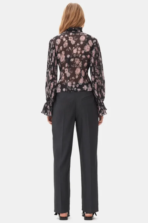 GANNI Topper<Floral Printed Pleated Georgette-bluse Phantom