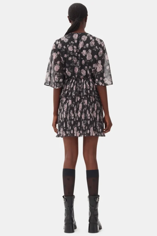 GANNI Kjoler<Floral Printed Pleated Georgette Mini-kjole Phantom