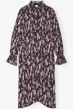 GANNI Kjoler<Floral Printed Pleated Georgette Midi-kjole Phantom