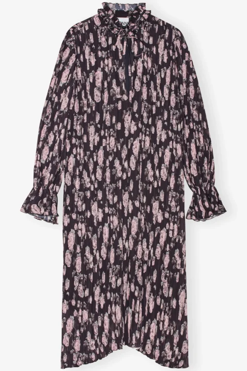GANNI Kjoler<Floral Printed Pleated Georgette Midi-kjole Phantom