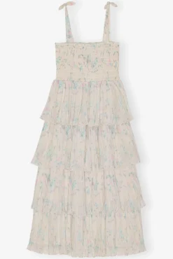 GANNI Kjoler<Floral Printed Pleated Georgette Strap Smock Midi-kjole Tofu
