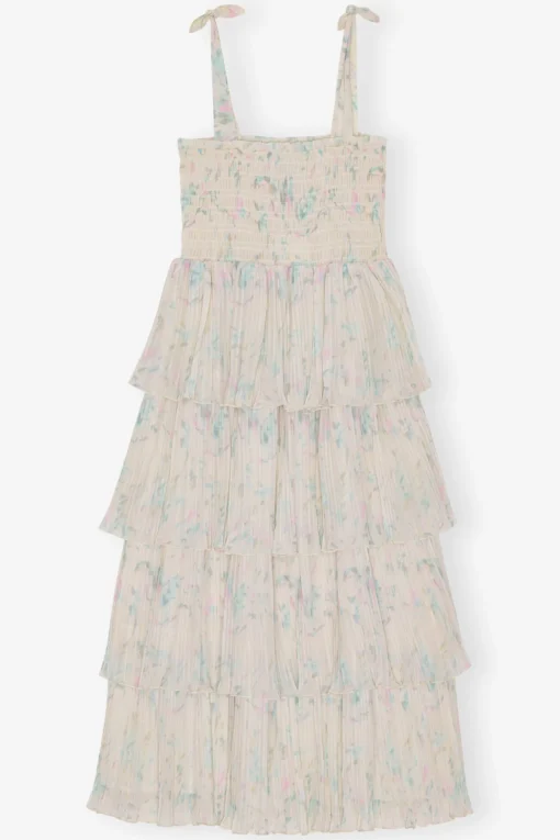 GANNI Kjoler<Floral Printed Pleated Georgette Strap Smock Midi-kjole Tofu